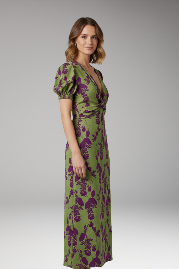 Women's Midi Dress with V Neck and Puff Sleeves