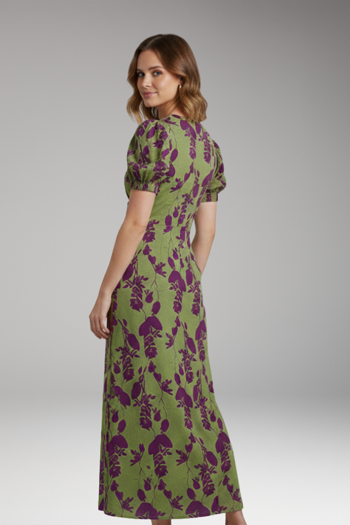 Women's Midi Dress with V Neck and Puff Sleeves