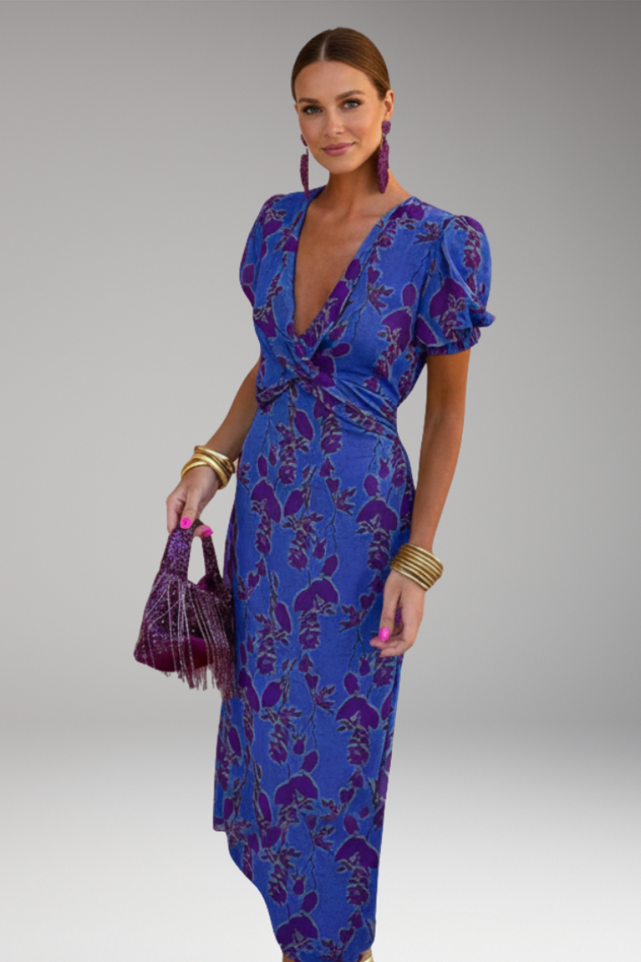 Women's Midi Dress with V Neck and Puff Sleeves