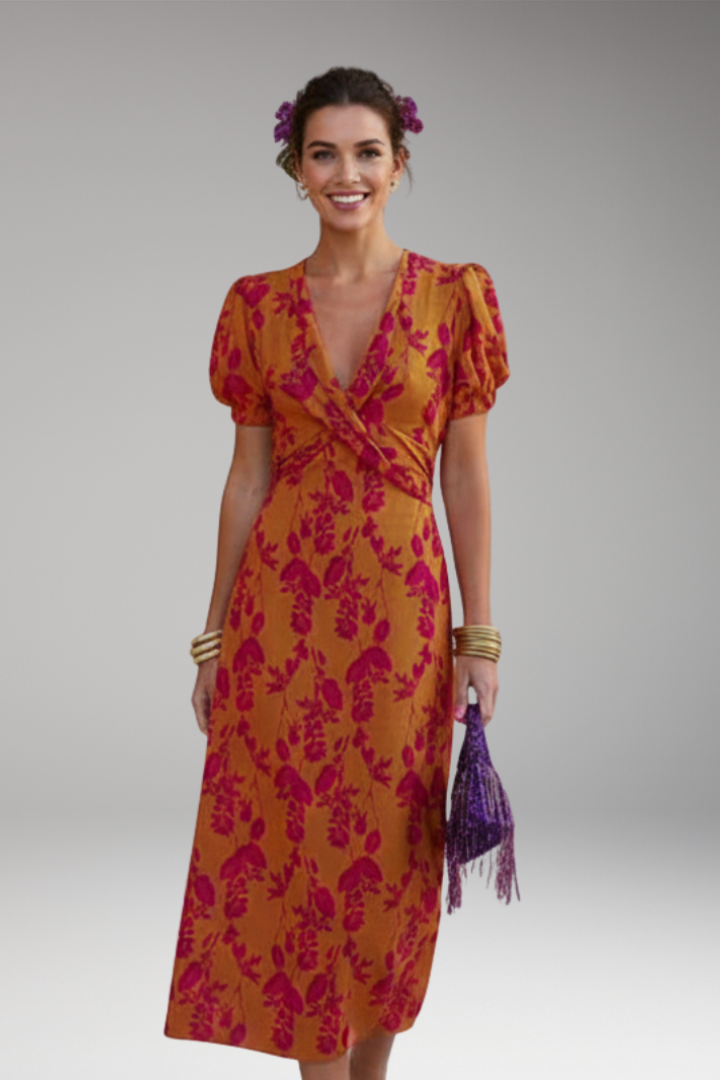 Women's Midi Dress with V Neck and Puff Sleeves