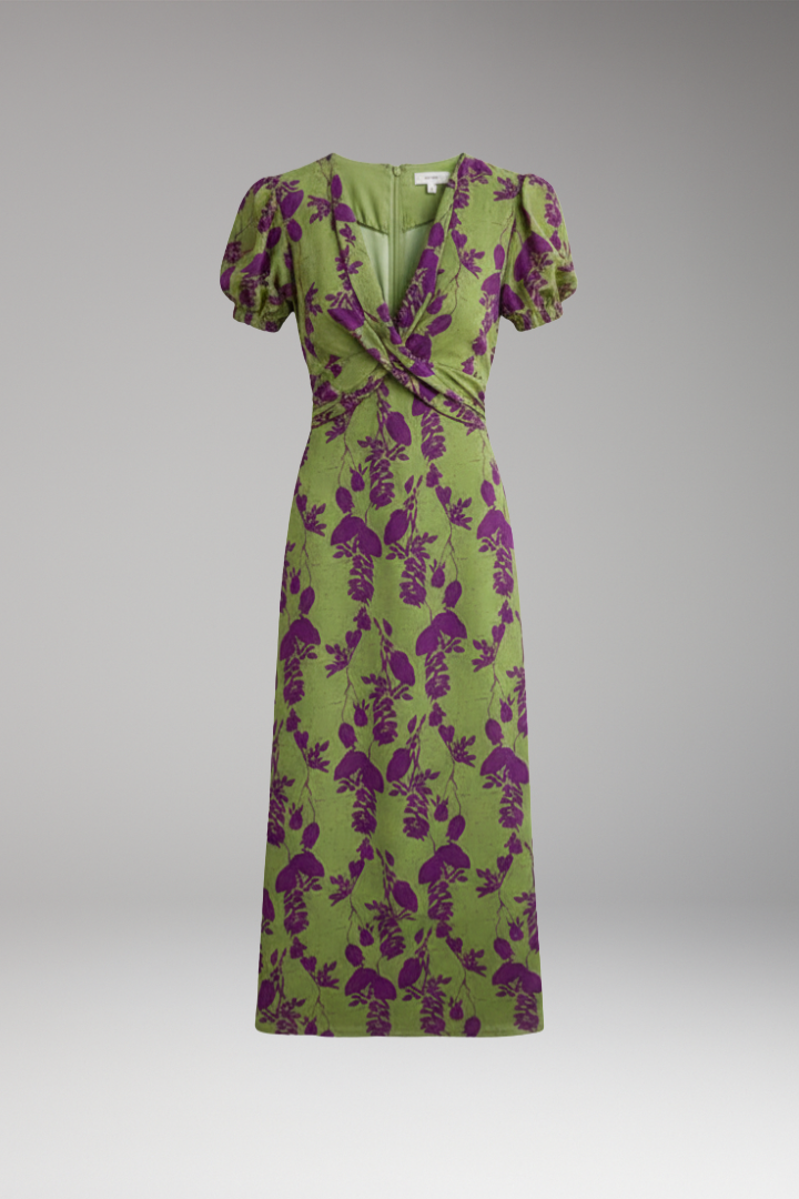 Women's Midi Dress with V Neck and Puff Sleeves