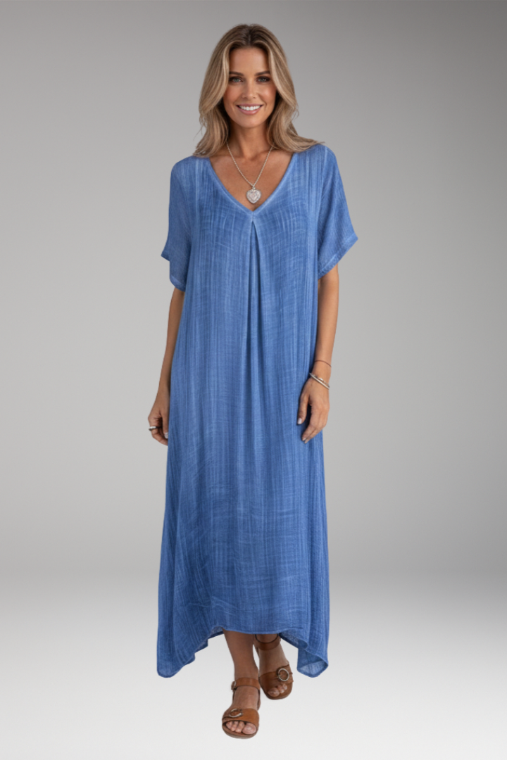 Women's Midi Dress with V Neck and Short Sleeves