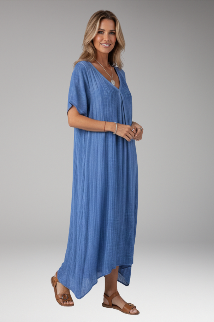 Women's Midi Dress with V Neck and Short Sleeves