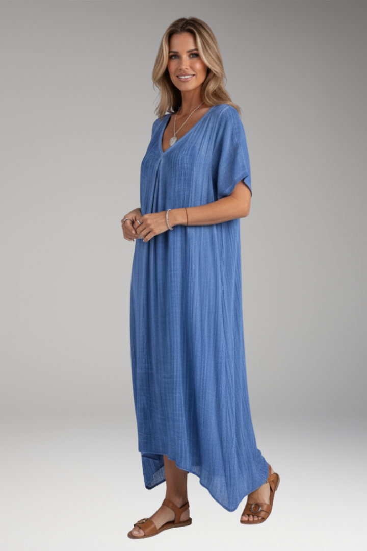 Women's Midi Dress with V Neck and Short Sleeves