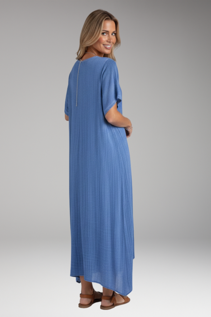 Women's Midi Dress with V Neck and Short Sleeves