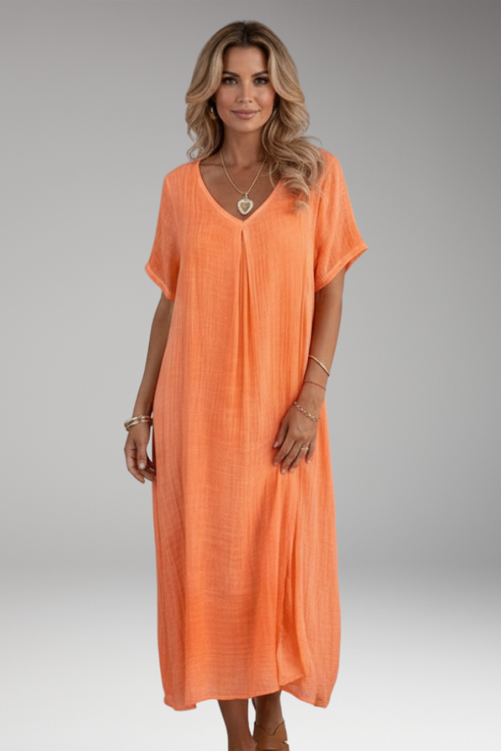 Women's Midi Dress with V Neck and Short Sleeves