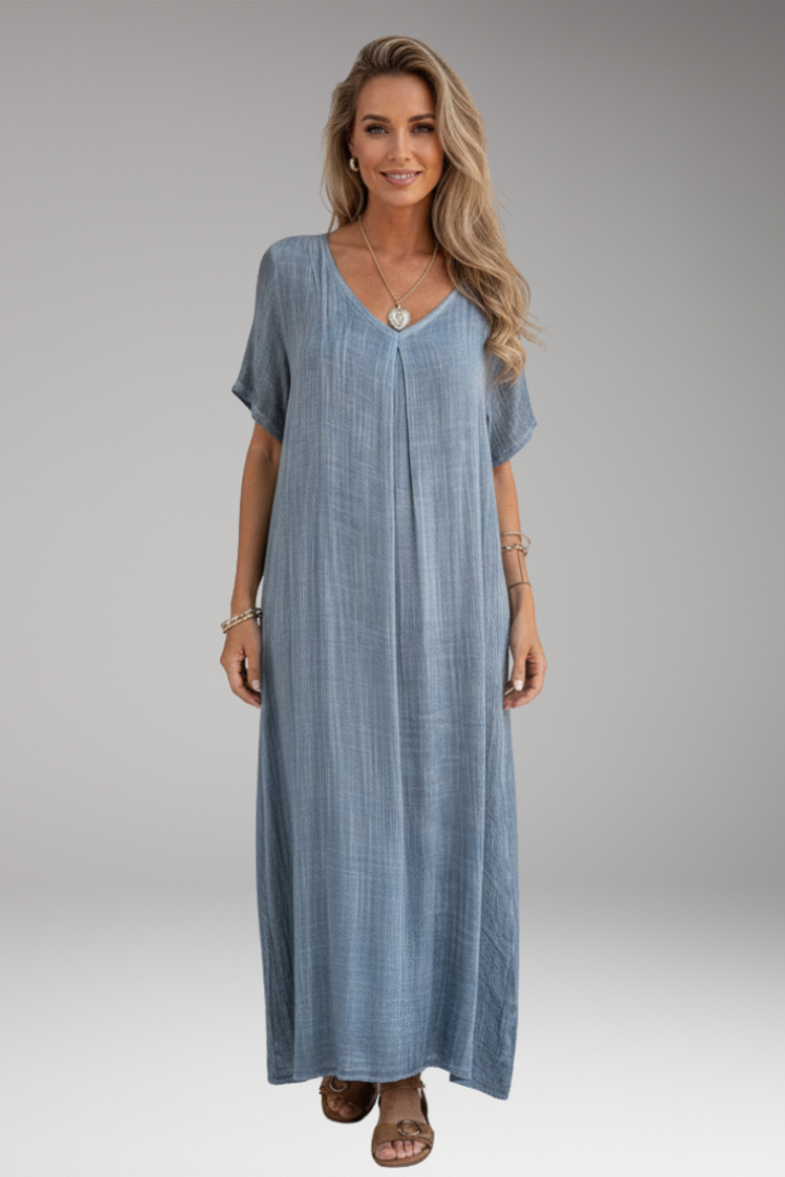 Women's Midi Dress with V Neck and Short Sleeves
