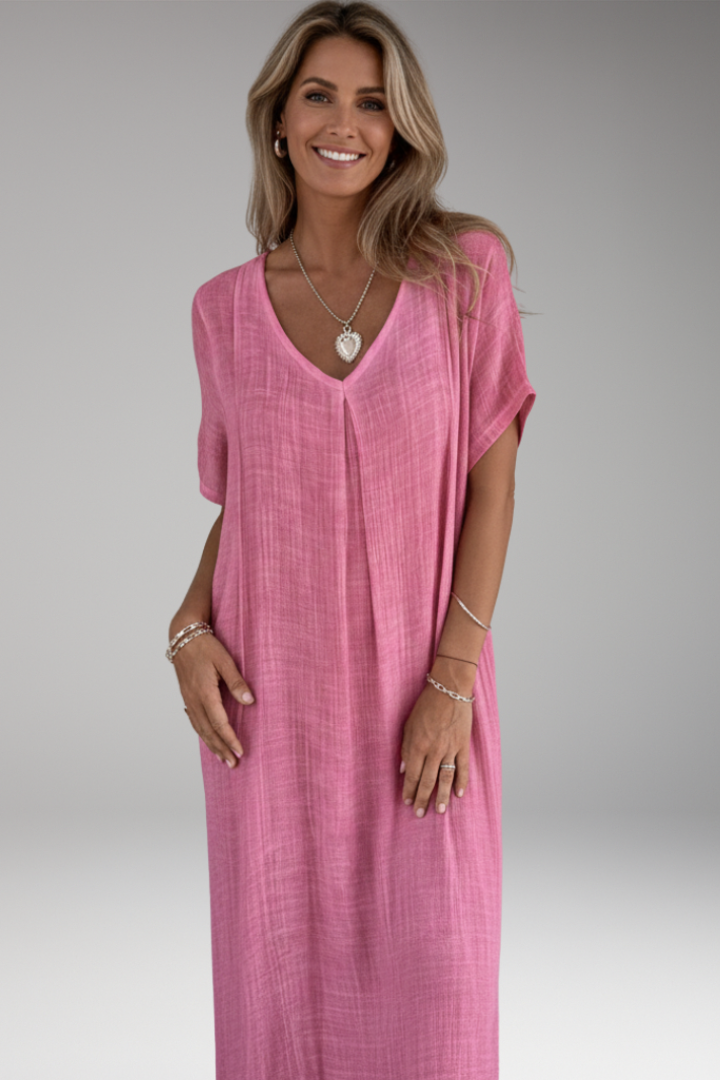 Women's Midi Dress with V Neck and Short Sleeves