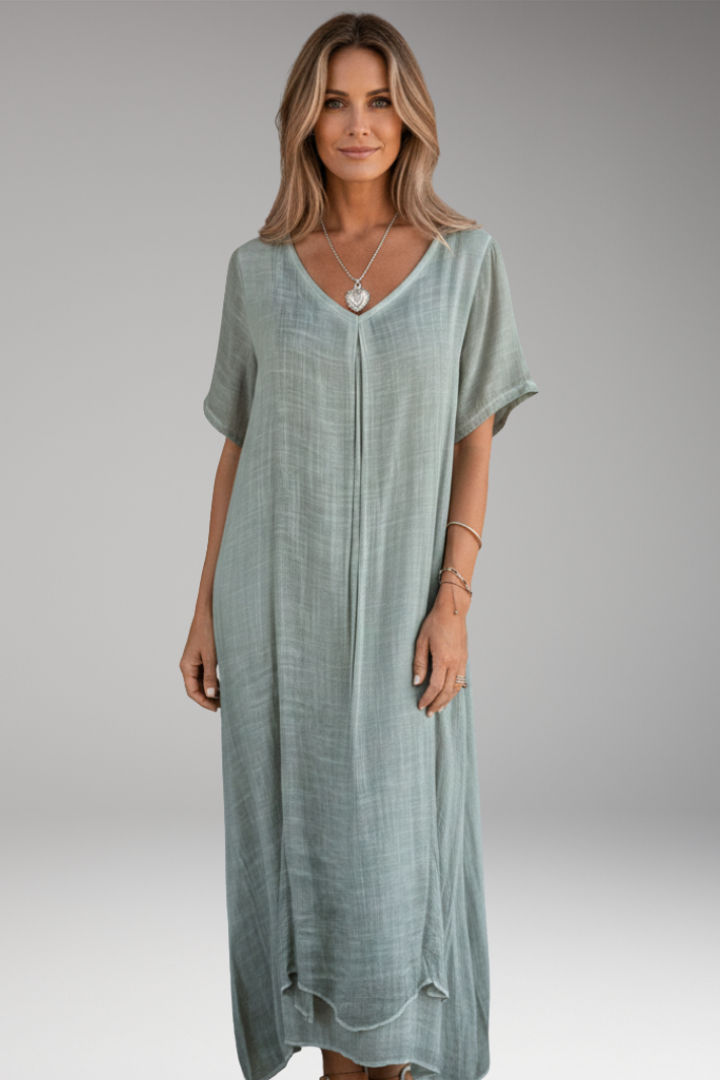 Women's Midi Dress with V Neck and Short Sleeves