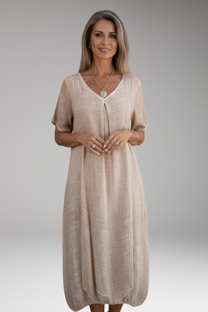 Women's Midi Dress with V Neck and Short Sleeves