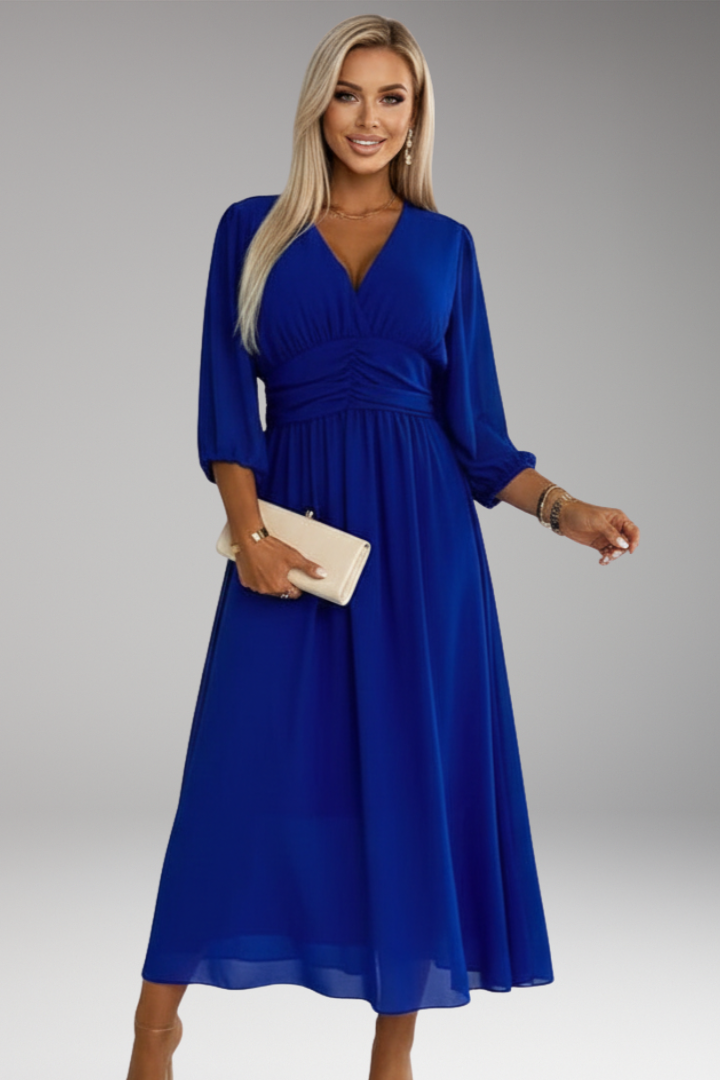 Women's Midi Dress with V Neck and Waist Panel