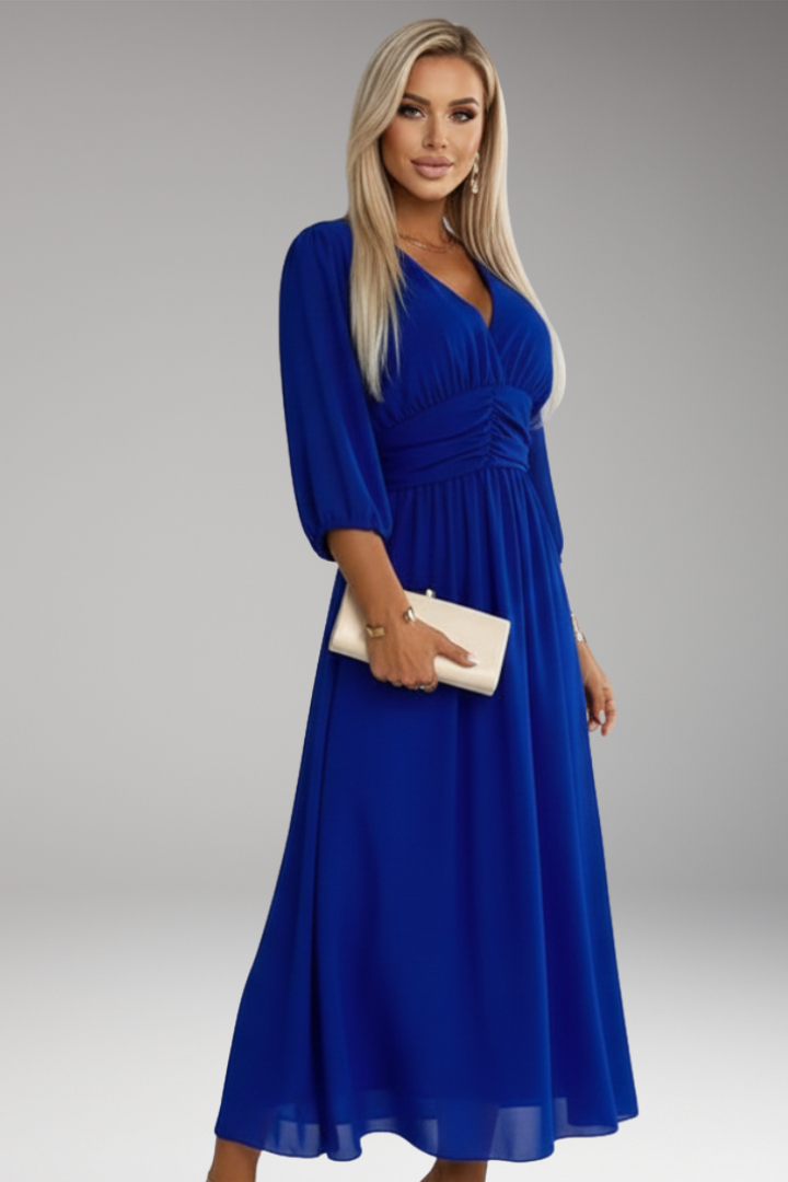 Women's Midi Dress with V Neck and Waist Panel