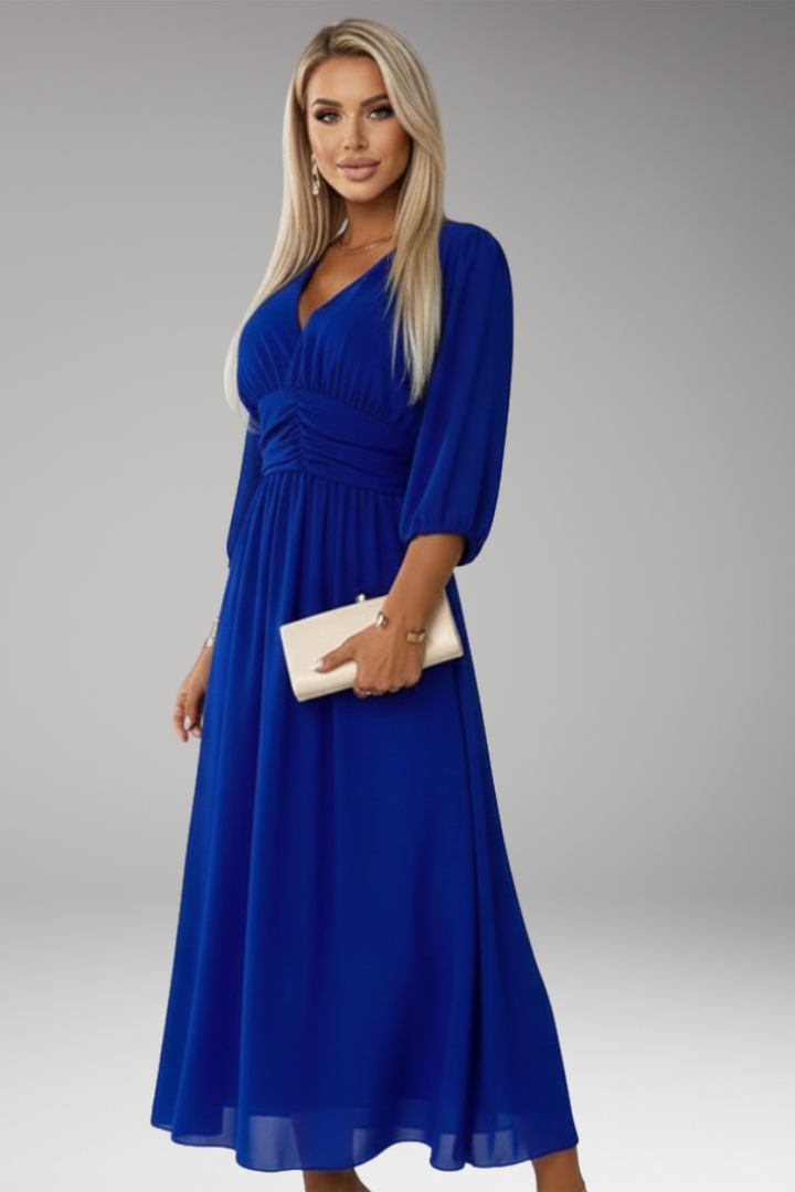 Women's Midi Dress with V Neck and Waist Panel