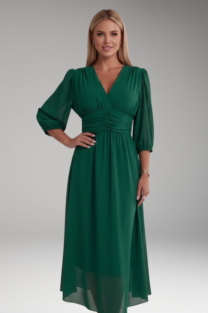 Women's Midi Dress with V Neck and Waist Panel