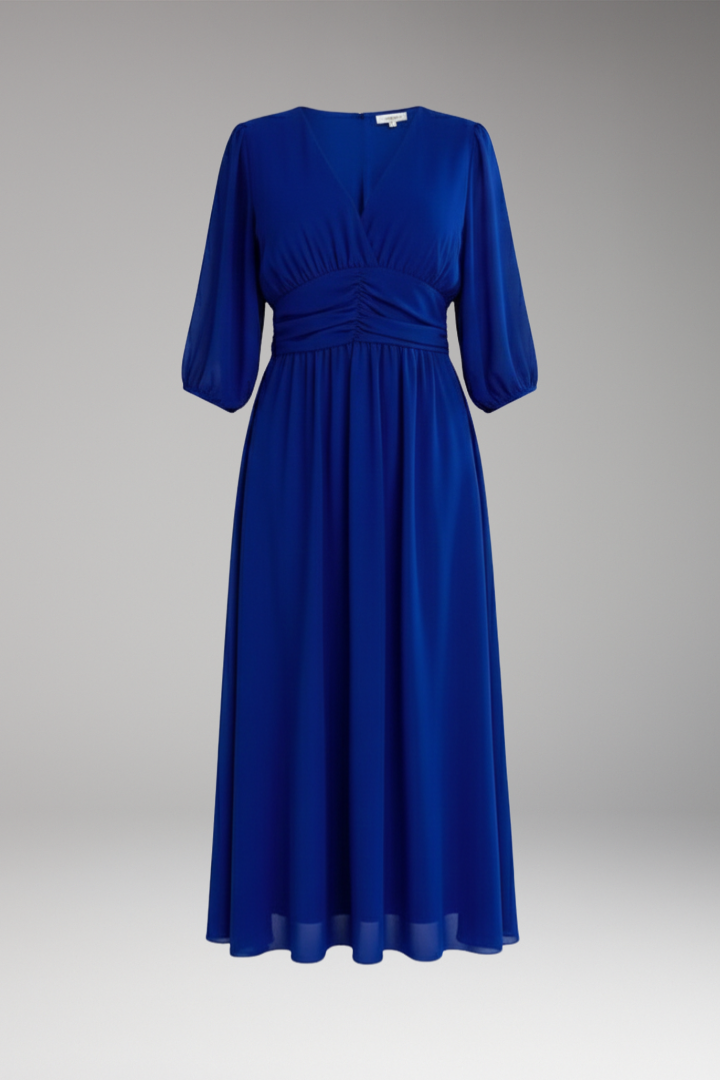 Women's Midi Dress with V Neck and Waist Panel
