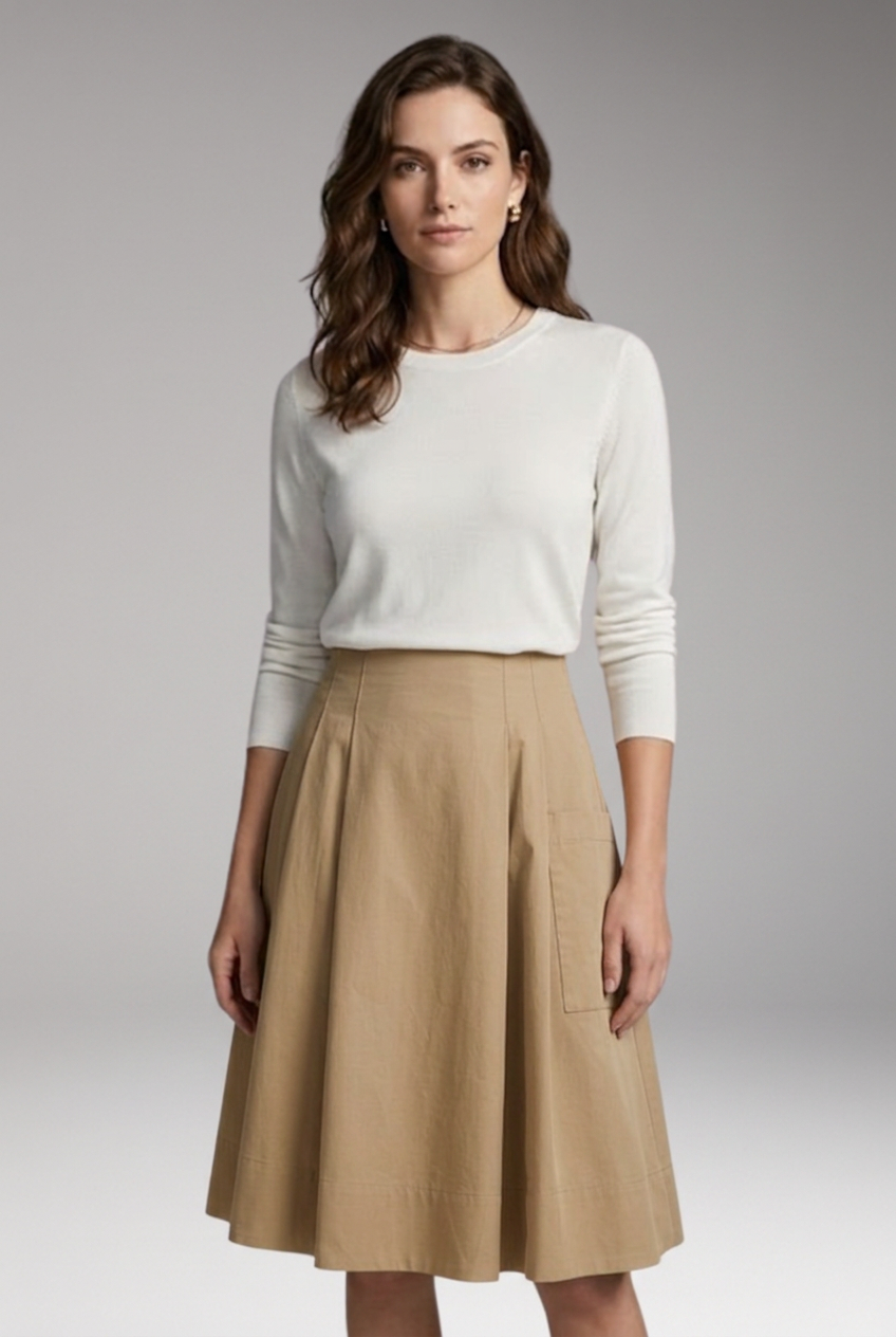 Women's Midi Skirt with High-Waist and Bow Detail