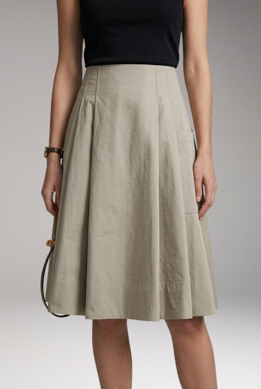 Women's Midi Skirt with High-Waist and Bow Detail