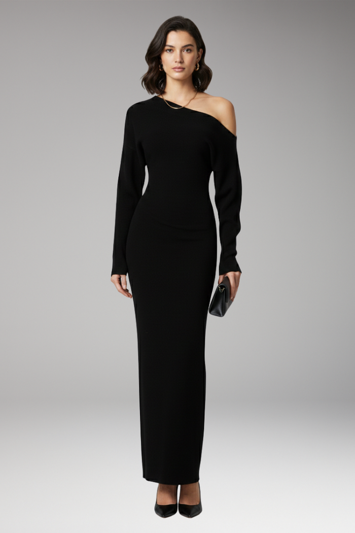 Women's Off-Shoulder Dress with Knit Surface and Fitted Shape