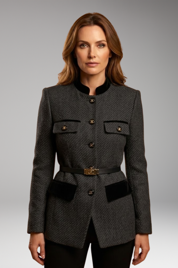 Women's Office Jacket with Buttoned Closure and Woolen Blend Fabric