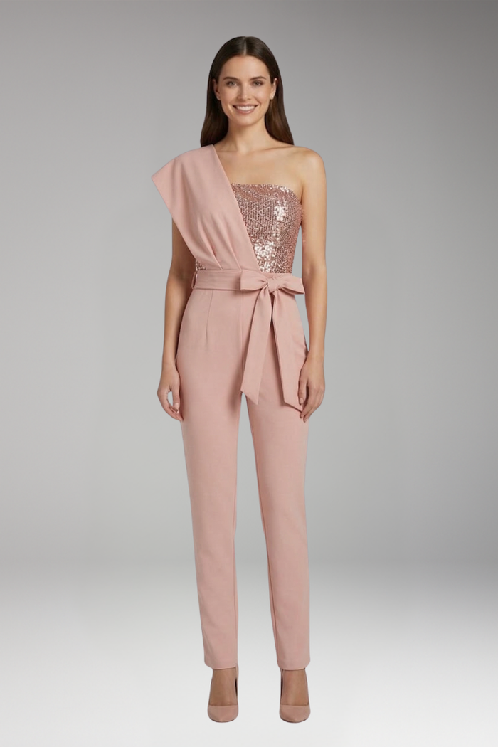 Women's One Shoulder Jumpsuit with Waist Tie