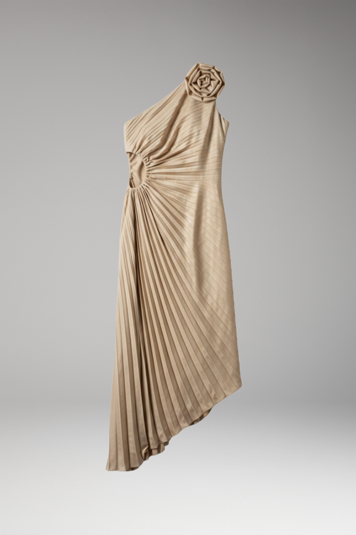 Women's One Shoulder Midi Dress with Pleated Skirt