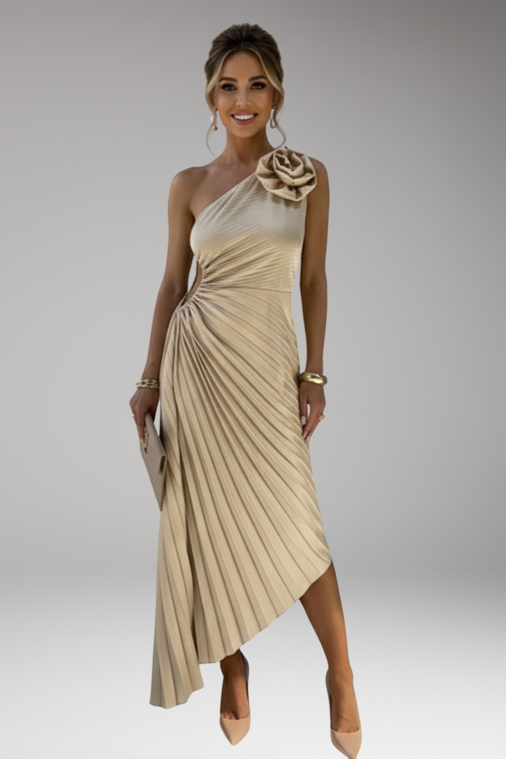Women's One Shoulder Midi Dress with Pleated Skirt