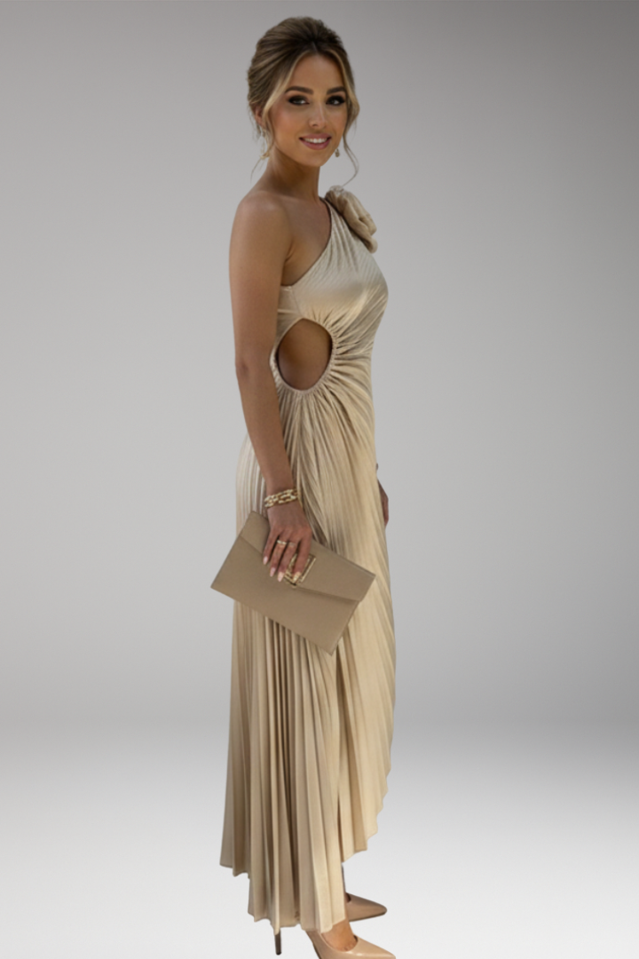 Women's One Shoulder Midi Dress with Pleated Skirt