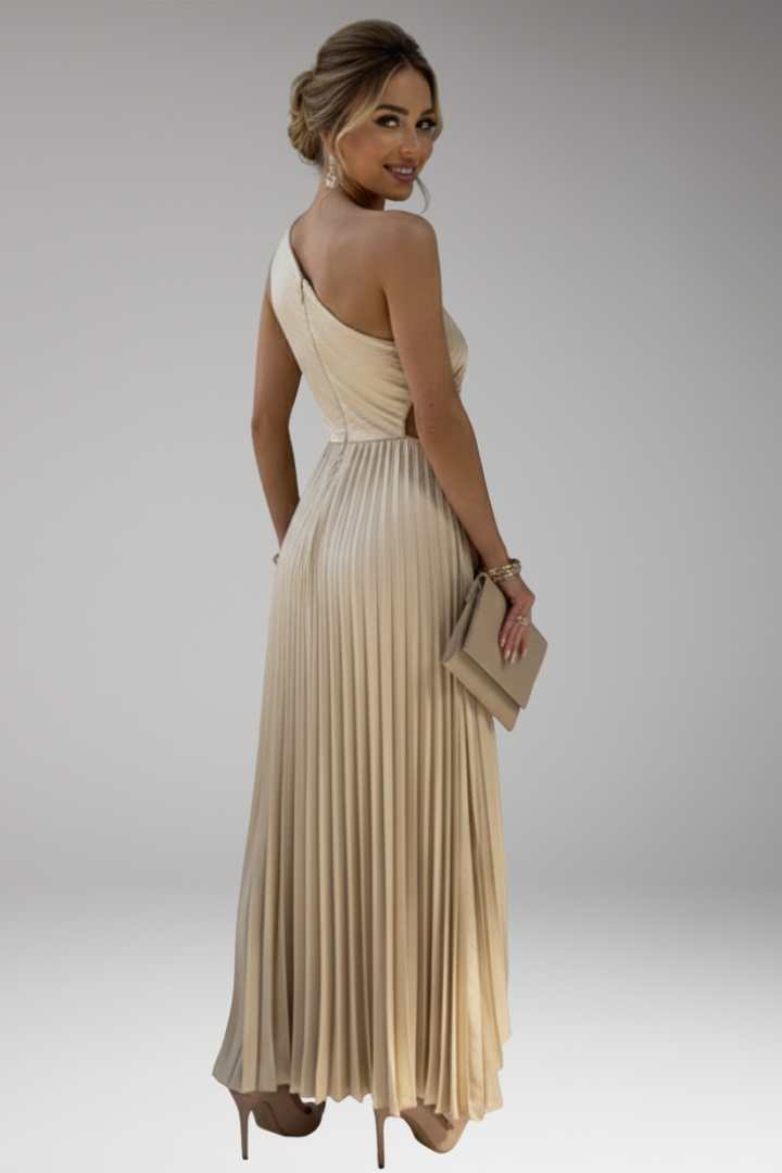 Women's One Shoulder Midi Dress with Pleated Skirt