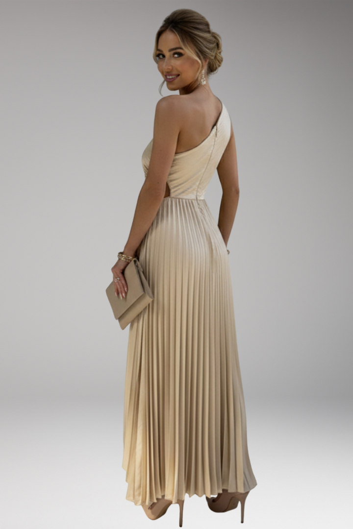 Women's One Shoulder Midi Dress with Pleated Skirt
