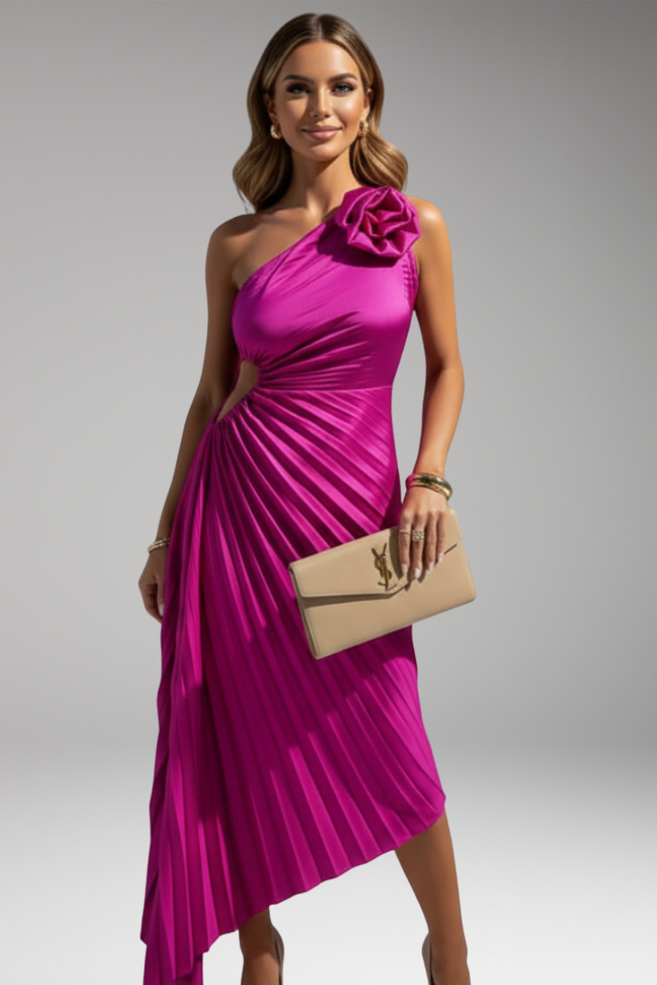 Women's One Shoulder Midi Dress with Pleated Skirt