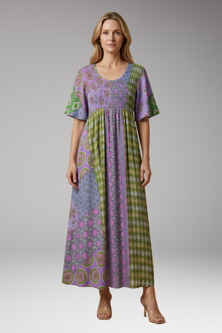 Women's Paisley Maxi Dress with Round Neckline and Cotton Blend