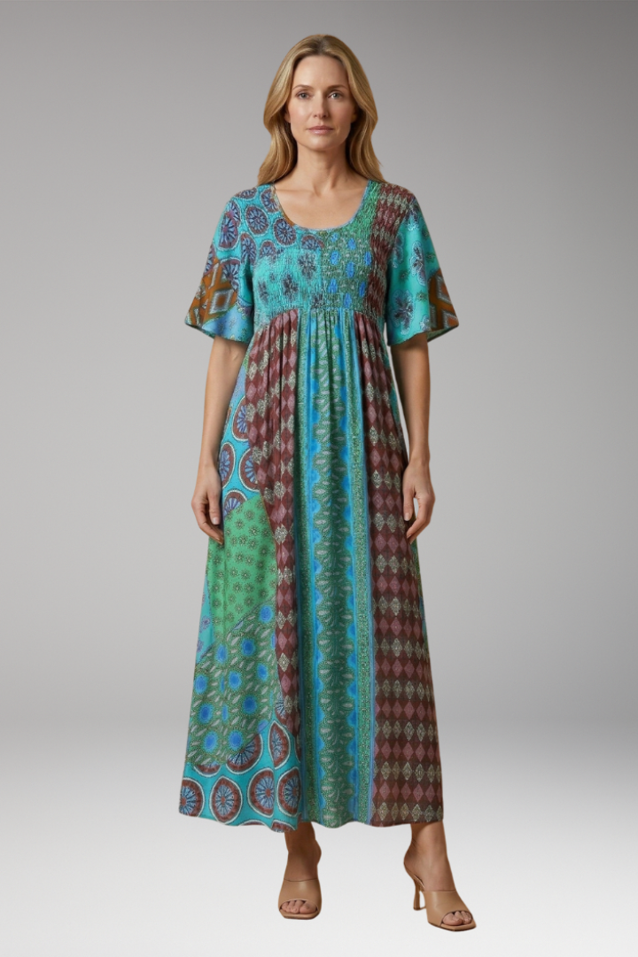 Women's Paisley Maxi Dress with Round Neckline and Cotton Blend