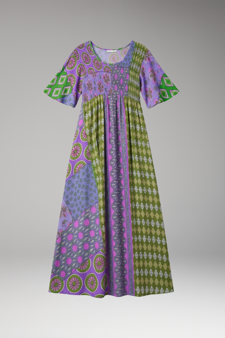 Women's Paisley Maxi Dress with Round Neckline and Cotton Blend