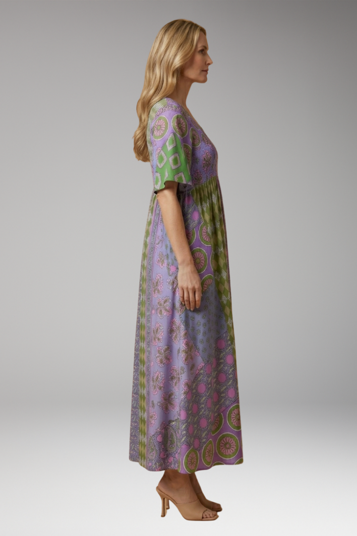Women's Paisley Maxi Dress with Round Neckline and Cotton Blend