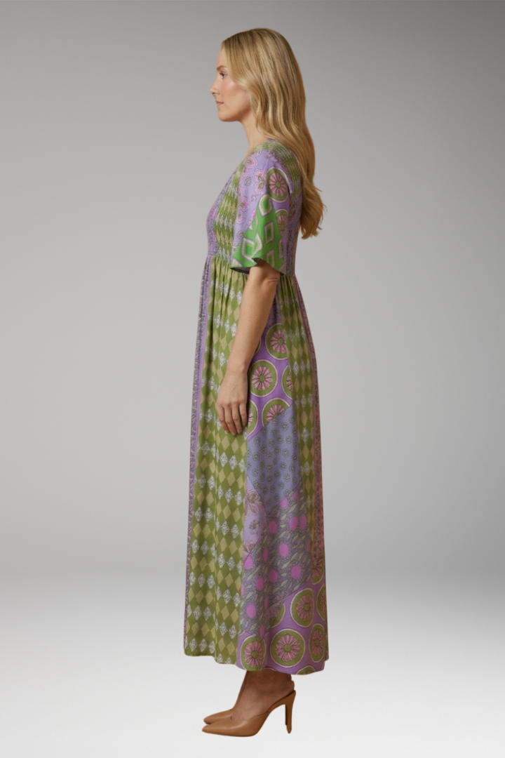Women's Paisley Maxi Dress with Round Neckline and Cotton Blend