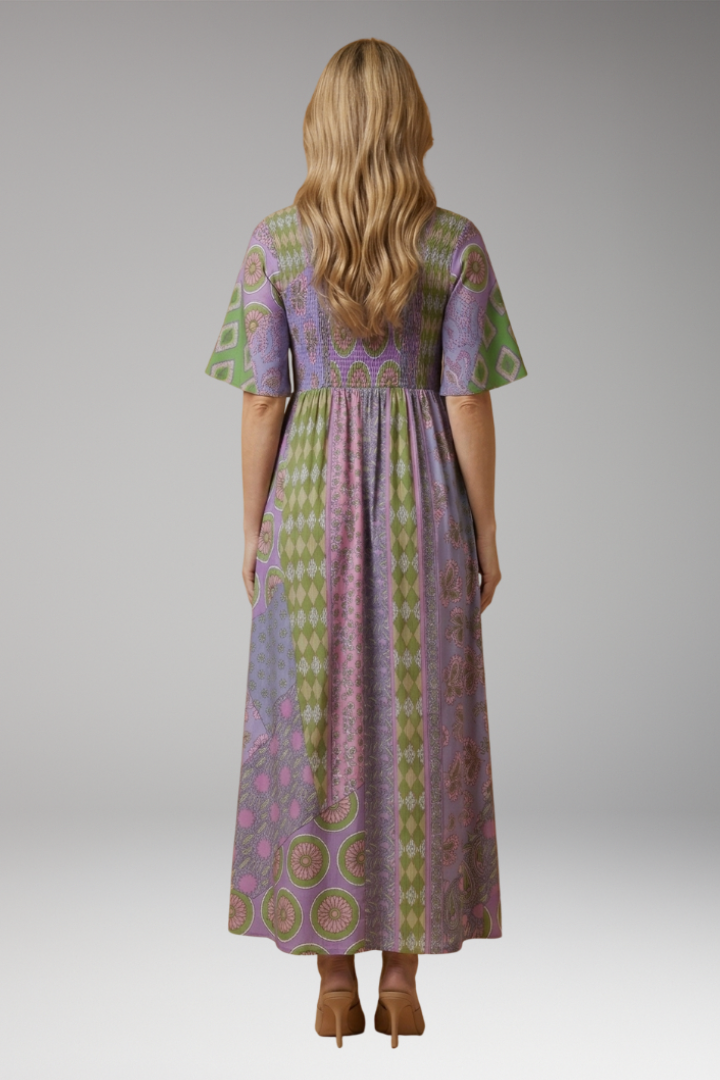 Women's Paisley Maxi Dress with Round Neckline and Cotton Blend