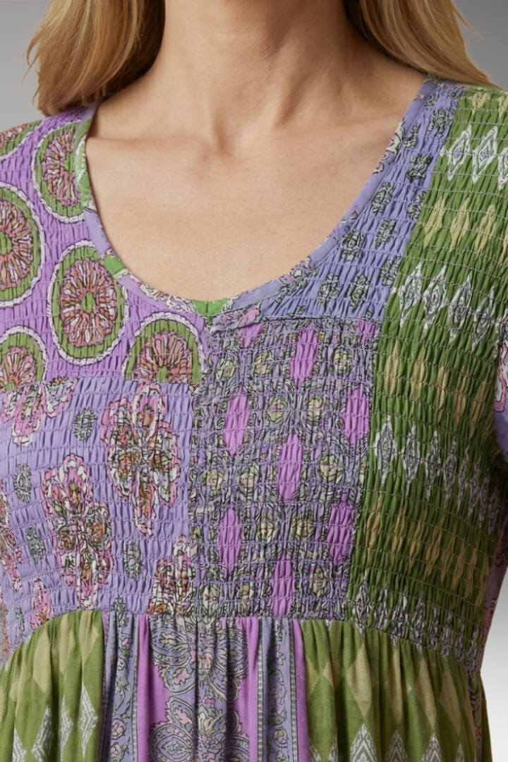 Women's Paisley Maxi Dress with Round Neckline and Cotton Blend