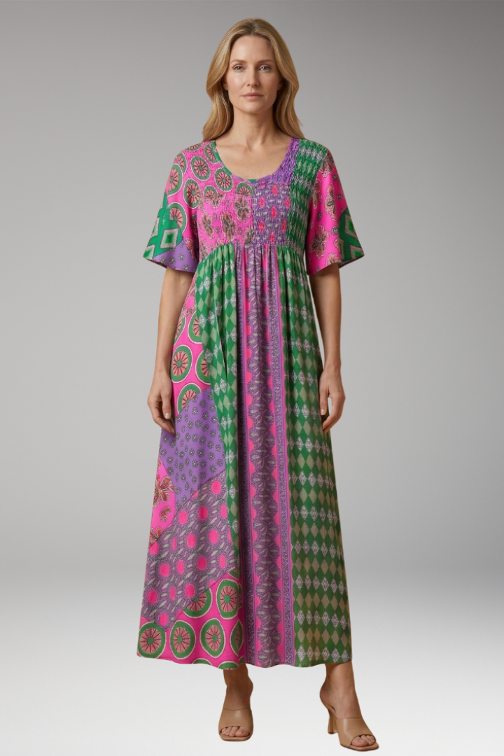 Women's Paisley Maxi Dress with Round Neckline and Cotton Blend