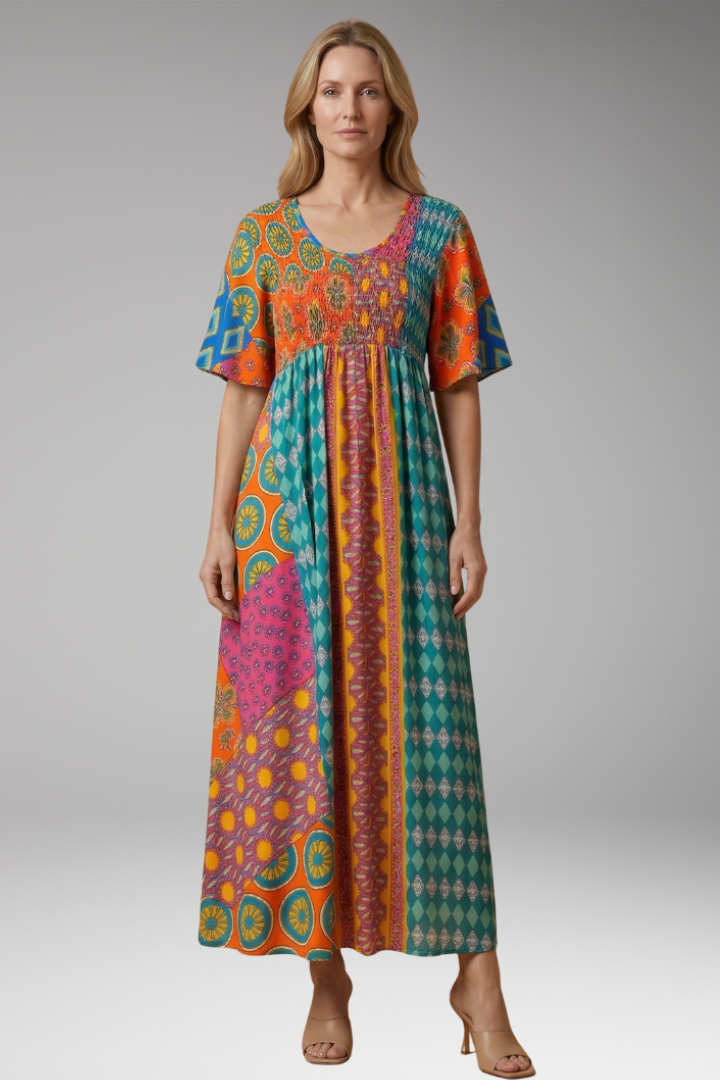 Women's Paisley Maxi Dress with Round Neckline and Cotton Blend