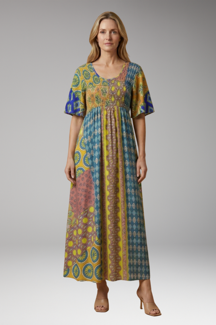 Women's Paisley Maxi Dress with Round Neckline and Cotton Blend