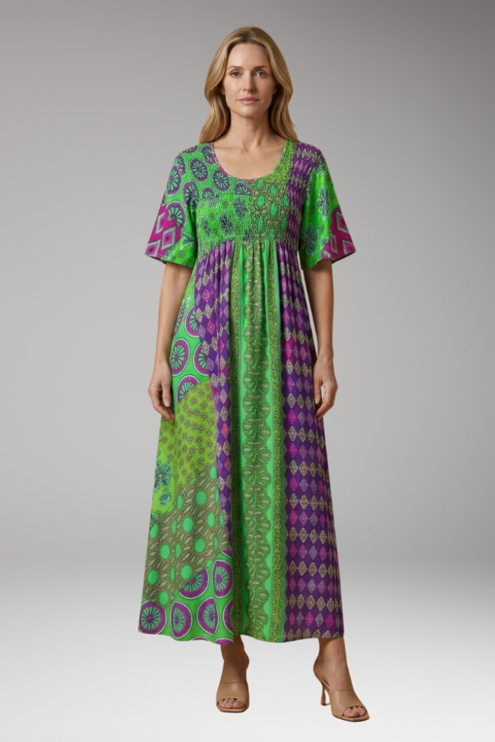 Women's Paisley Maxi Dress with Round Neckline and Cotton Blend