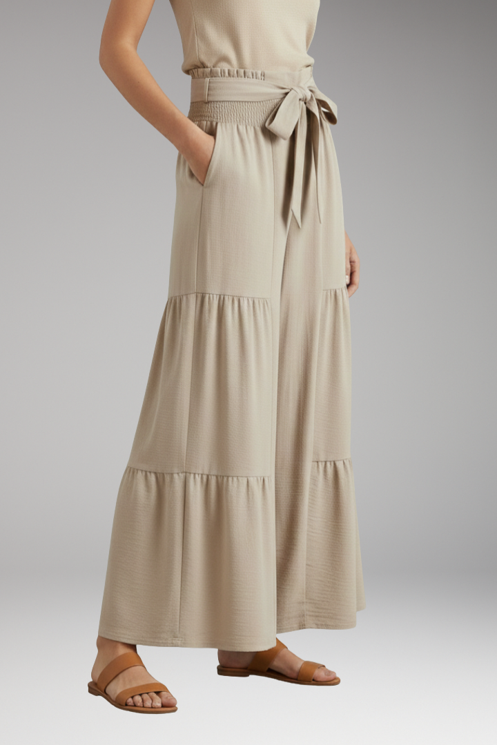 Women's Palazzo Trousers with Waist Belt and Ruffle Hem