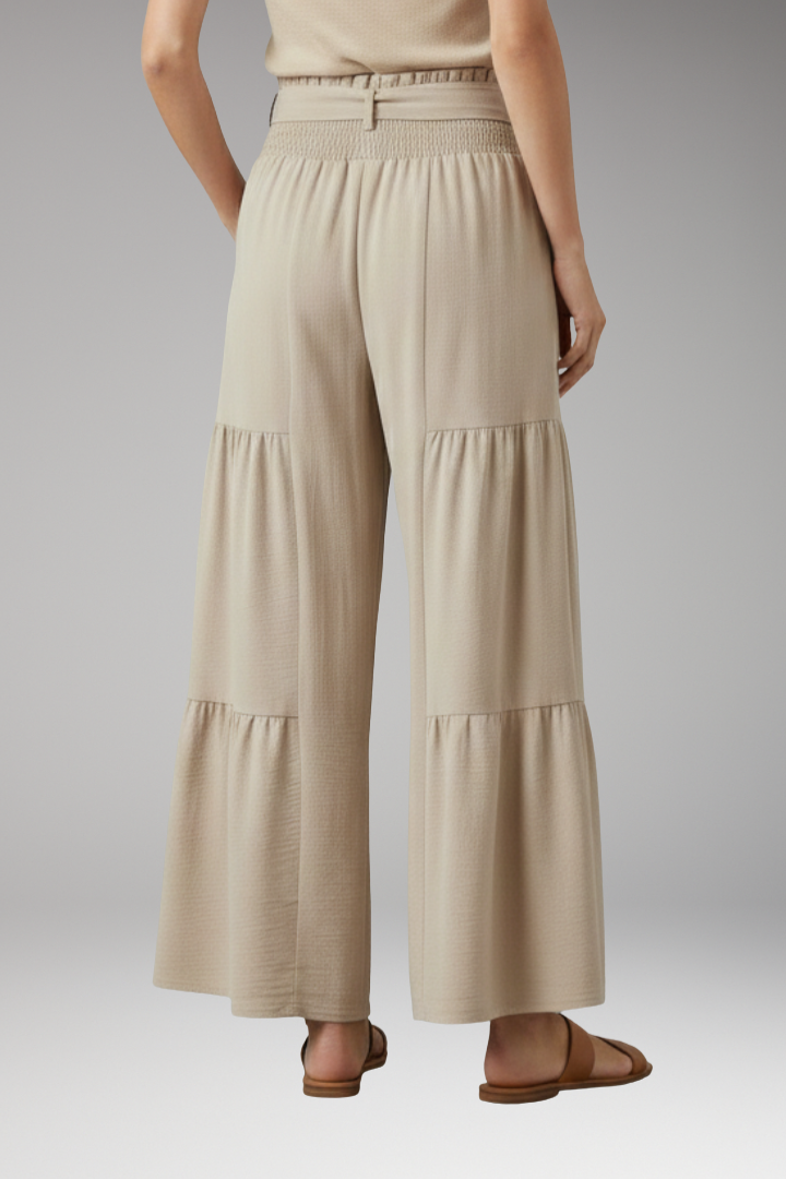 Women's Palazzo Trousers with Waist Belt and Ruffle Hem