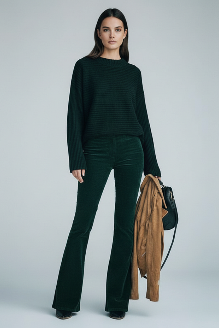 Women's Pants with Ribbed Surface and Flared Legs