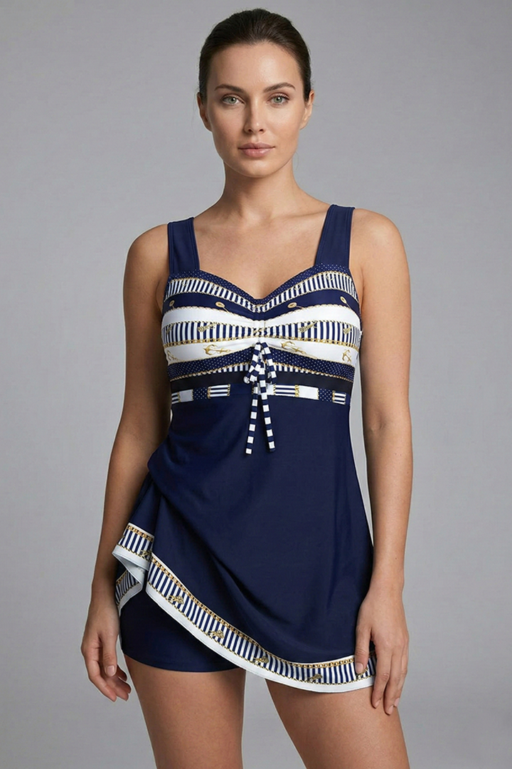 Women's Patchwork Tankini with Strappy Top and Ruched Waist