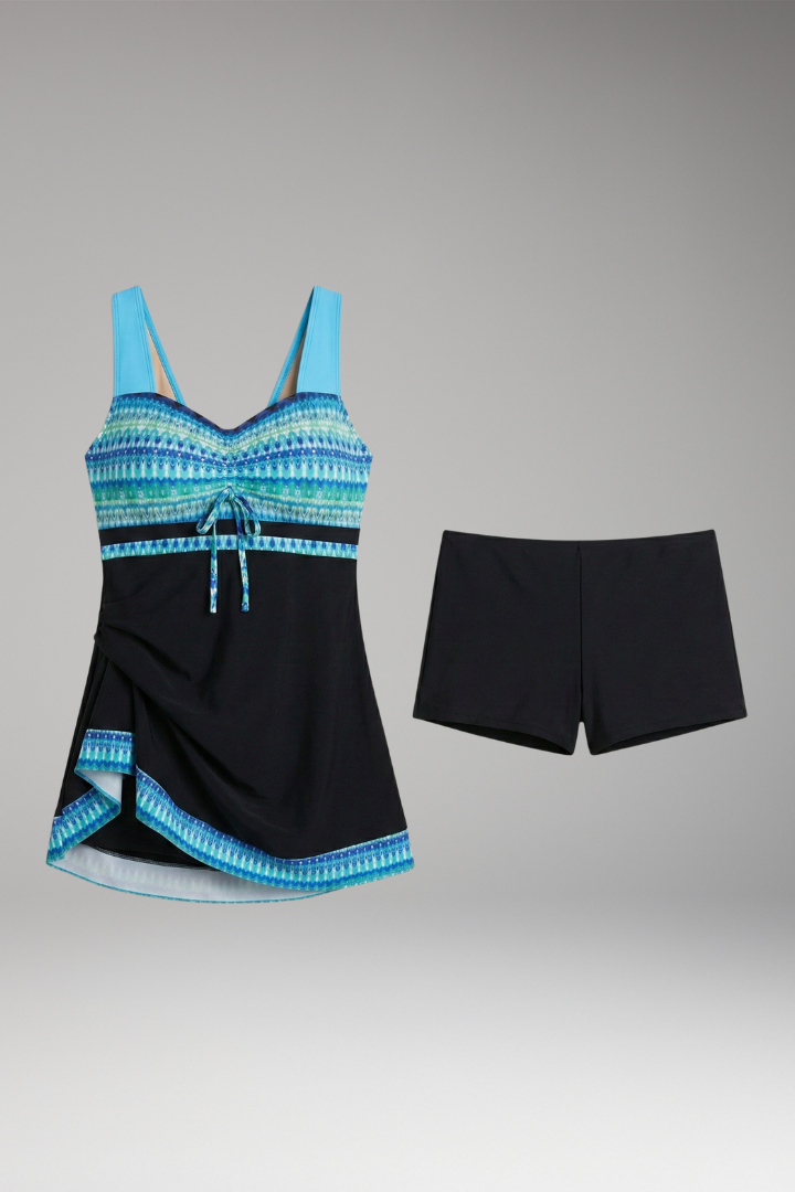 Women's Patchwork Tankini with Strappy Top and Ruched Waist