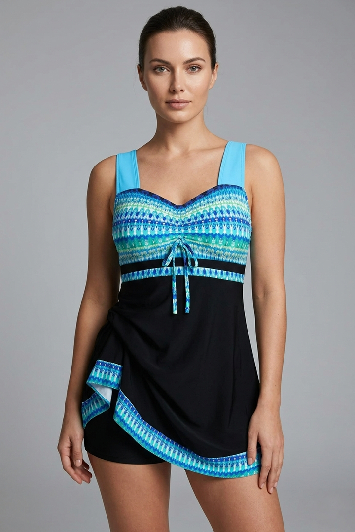 Women's Patchwork Tankini with Strappy Top and Ruched Waist