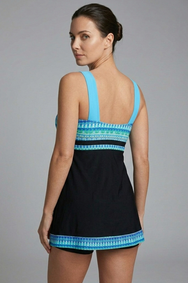 Women's Patchwork Tankini with Strappy Top and Ruched Waist
