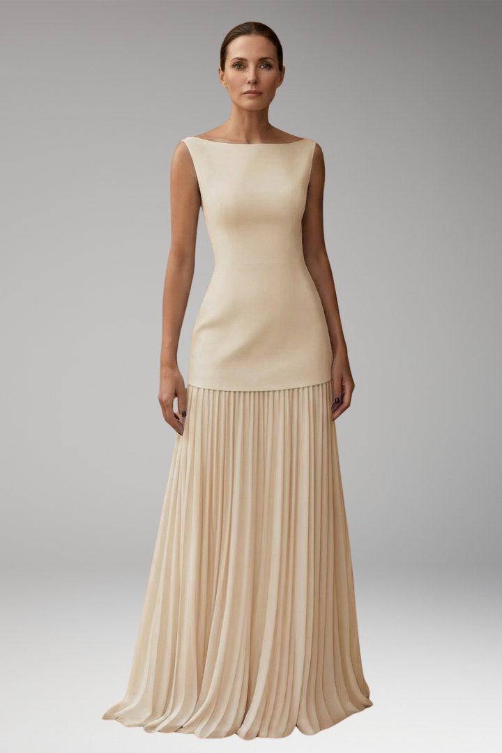 Women's Pleated Maxi Dress with Sleeveless Bodice and Flowing Skirt
