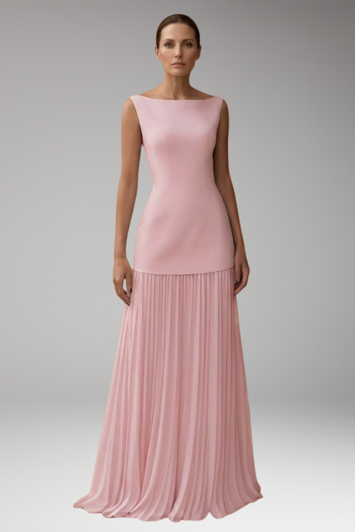 Women's Pleated Maxi Dress with Sleeveless Bodice and Flowing Skirt